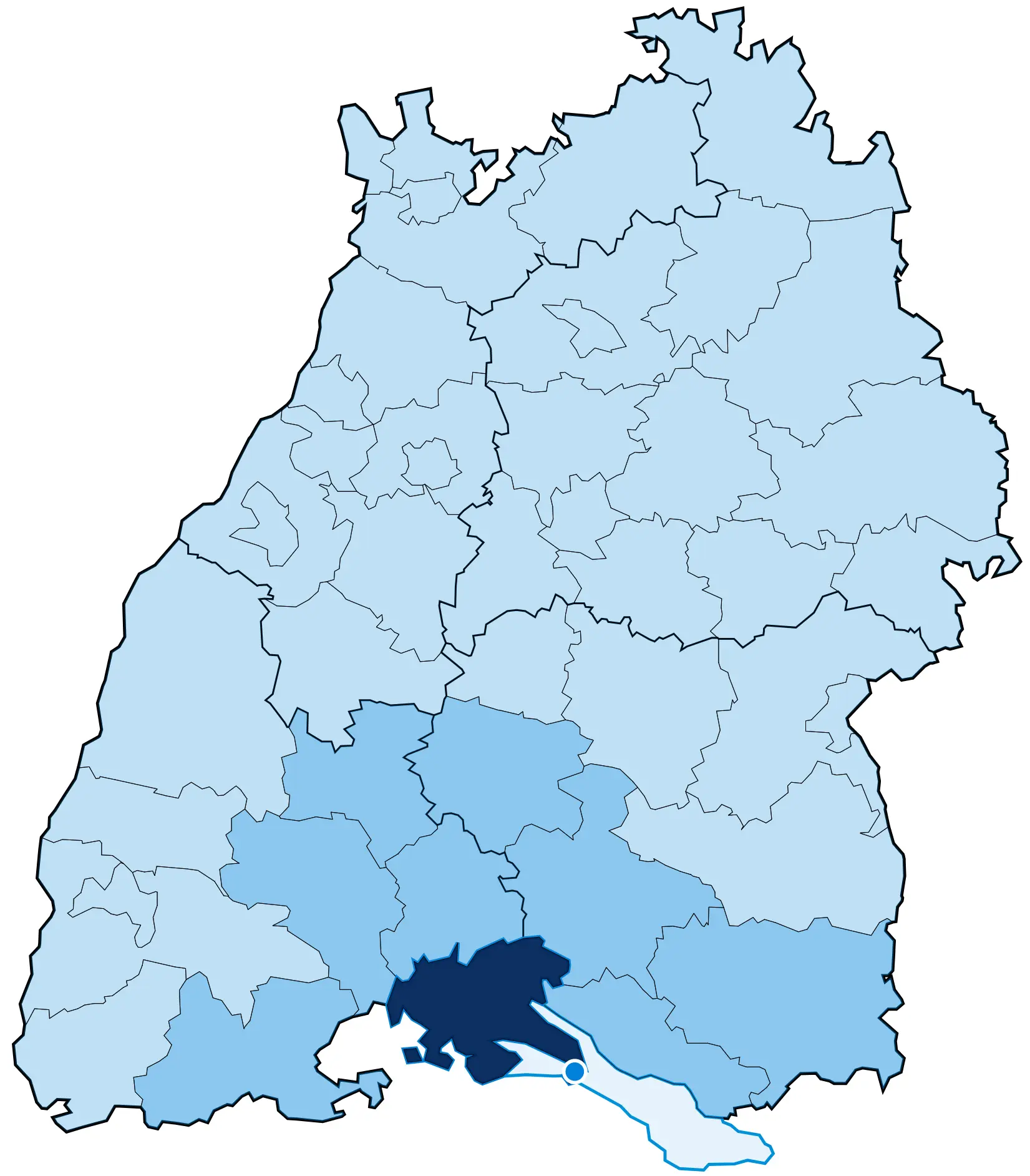 Karte Baden-Württemberg mit den Einzugsgebieten von TOPWIE IT GmbH